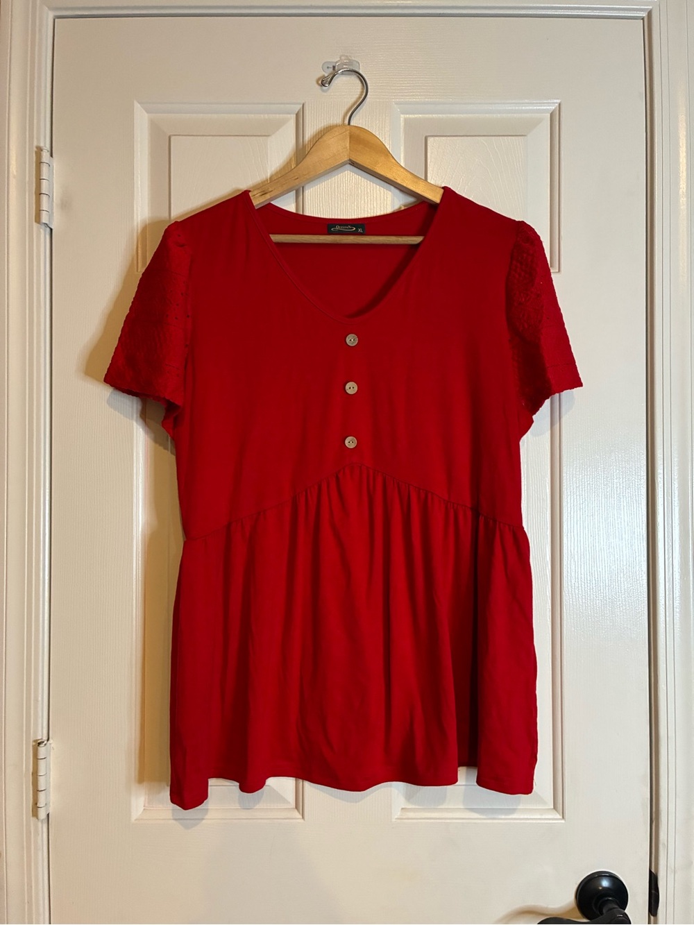 Red V-Neck Short Sleeve Button-Front Women's Blouse